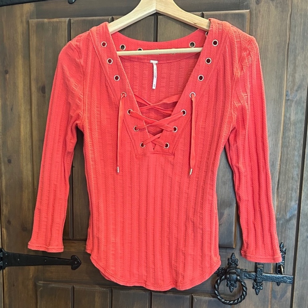 Free People "Ice Cold" Lace-Up Top in Crimson Red. M